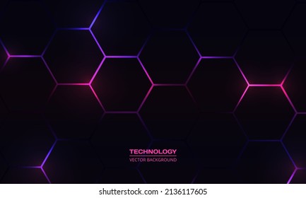 Dunkles Hexagon, abstrakter Technologie-Hintergrund mit violetten und rosafarbenen, hellen Blitzen unter Hexagon. Hexagonales Gaming, Vektorgrafik abstrakter technischer Hintergrund.