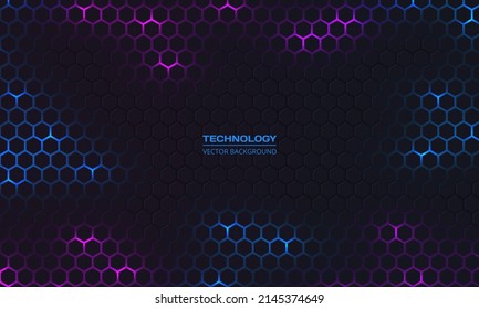 Dark hexagon abstract technology background with blue and purple colored bright flashes under hexagon. Hexagonal gaming vector abstract tech background.