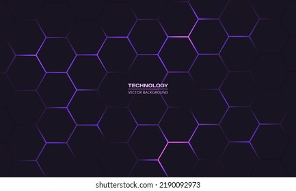 Dark hexagon abstract technology background with purple colored bright flashes under hexagon. Hexagonal gaming vector abstract tech background.