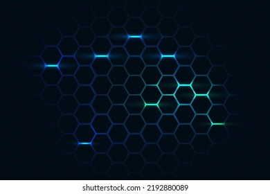 Dark hexagon abstract technology background with blue and green colored bright flashes under hexagon. Hexagonal gaming vector abstract tech background.