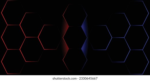 Dark hexagon abstract technology background with blue and red flash lights under the hexagons. Abstract hexagonal game vector background