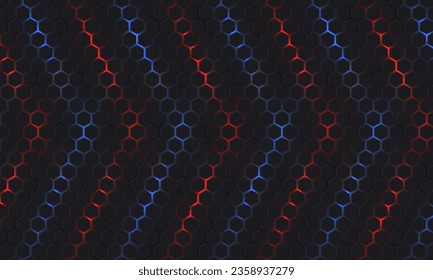 Dark hexagon abstract technology background with blue and red colored bright arrows flashes Vector hexagonal gaming abstract tech background.