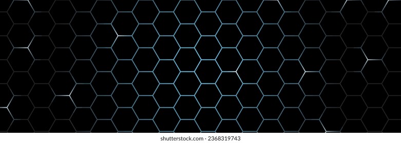 Dark hexagon abstract technology background with blue bright flashes under hexagon. Hexagonal gaming vector abstract tech background.