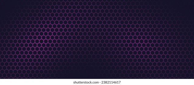 Fondo tecnológico abstracto de hexágono oscuro con brillantes destellos de color morado y rosa bajo el hexágono.