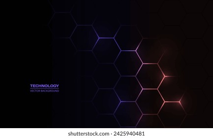 Dark hexagon abstract technology background with violet and peach colored bright flashes under hexagon. Hexagonal gaming vector abstract tech background.