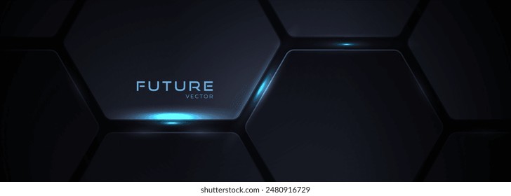 Dark hexagon abstract technology background with light blue colored bright flashes under hexagon. Hexagonal gaming vector abstract tech wide banner.