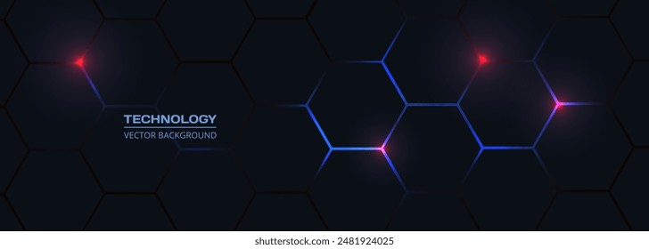 Fondo abstracto de la tecnología del hexágono oscuro con destellos brillantes de color azul y rojo debajo del hexágono. Anuncio de alta tecnología abstracto hexagonal del Vector del juego.