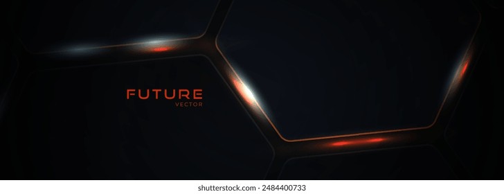 Dark hexagon abstract technology background with orange and white colored bright flashes under hexagon. Hexagonal gaming vector abstract tech futuristic wide banner.