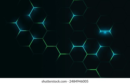 Dark hexagon abstract technology background with blue and green colored bright flashes under hexagon. Hexagonal gaming vector tech illustration black abstract background.