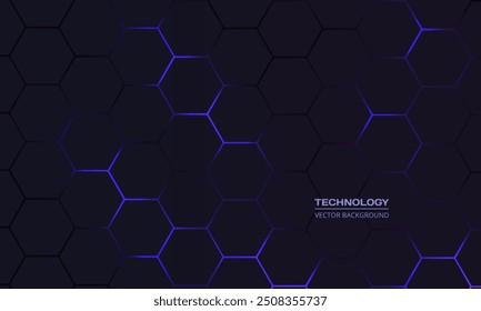 Fondo de tecnología abstracta de hexágono oscuro con destellos brillantes de color azul bajo el hexágono. Fondo de tecnología abstracto de Vector de juego hexagonal.