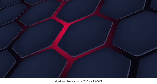 Fondo de tecnología abstracta de hexágono oscuro con destellos brillantes de color azul claro bajo el hexágono. Vector de juego hexagonal Anuncio de tecnología abstracta.