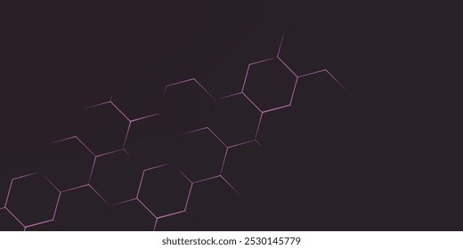 Fundo de tecnologia abstrata de hexágono escuro com flashes brilhantes cor-de-rosa e roxo sob o hexágono. Vetor de jogo hexagonal abstrato fundo tecnológico.