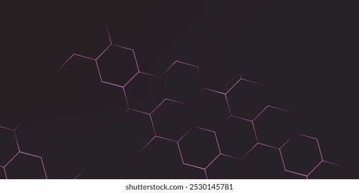 Dark hexagon abstract technology background with pink and purple colored bright flashes under hexagon. Hexagonal gaming vector abstract tech background.