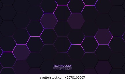 Dark hexagon abstract technology background with purple and pink colored bright flashes under hexagon. Hexagonal gaming vector abstract tech background.