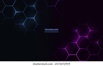 Dark hexagon abstract technology background with blue and pink colored bright flashes under hexagon. Hexagonal gaming vector abstract tech background.