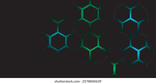 Dark hexagon abstract technology background with blue and green colored bright flashes under hexagon. Hexagonal gaming vector tech illustration black abstract background.
