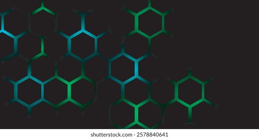 Dark hexagon abstract technology background with blue and green colored bright flashes under hexagon. Hexagonal gaming vector tech illustration black abstract background.
