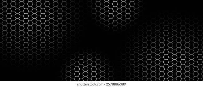 Dark hexagon abstract technology background with blue and green colored bright flashes under hexagon. Hexagonal gaming vector tech illustration black abstract background.