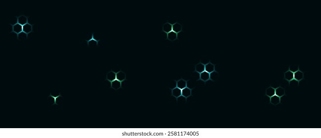 Dark hexagon abstract technology background with blue and green colored bright flashes under hexagon. Hexagonal gaming vector tech illustration