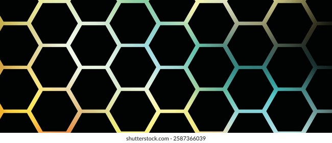 Dark hexagon abstract technology background with blue and pink colored bright flashes under hexagon. Hexagonal gaming vector abstract tech background.