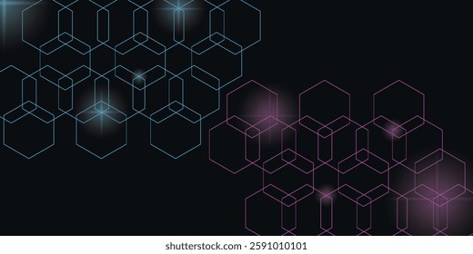 Dark hexagon abstract technology background with blue and pink colored bright flashes under hexagon. Hexagonal gaming vector abstract tech background.