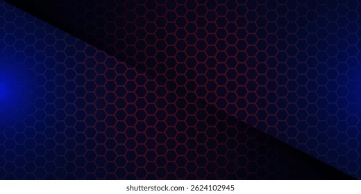 Fondo de tecnología abstracta de hexágono oscuro con destellos brillantes de color azul y verde bajo el hexágono. Vector de juego hexagonal 