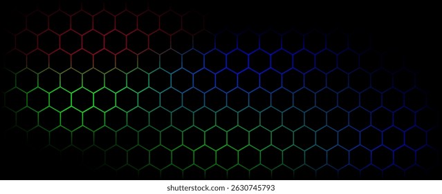 Fundo de tecnologia abstrata de hexágono escuro com flashes brilhantes de cor azul e verde sob hexágono. Vetor de jogo hexagonal ilustração técnica fundo abstrato preto. vetor