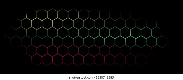 Dark hexagon abstract technology background with blue and green colored bright flashes under hexagon. Hexagonal gaming vector tech illustration black abstract background. vector