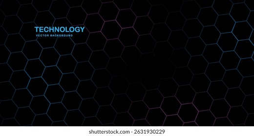 Dark hexagon abstract technology background with blue and pink colored bright flashes under hexagon. Hexagonal gaming vector