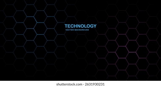 Dark hexagon abstract technology background with blue and pink colored bright flashes under hexagon. Hexagonal gaming vector