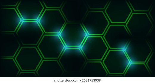 Fundo de tecnologia abstrata de hexágono escuro com flashes brilhantes de cor azul e verde sob hexágono. Hexagonal vetor de jogos ilustração técnica fundo abstrato preto.