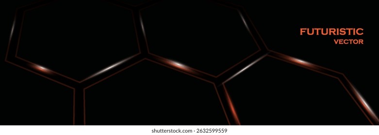 Dark hexagon abstract technology background with bright orange and white flashes under the hexagon. Abstract technology futuristic wide banner vector.