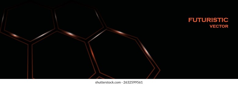 Dark hexagon abstract technology background with bright orange and white flashes under the hexagon. Abstract technology futuristic wide banner vector.