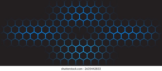 Dark hexagon abstract technology background with blue and green colored bright flashes under hexagon. Hexagonal gaming vector tech illustration black abstract background.
