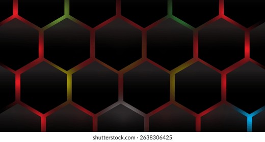 Dark hexagon abstract technology background with blue and green colored bright flashes under hexagon. Hexagonal gaming vector tech illustration black abstract background.