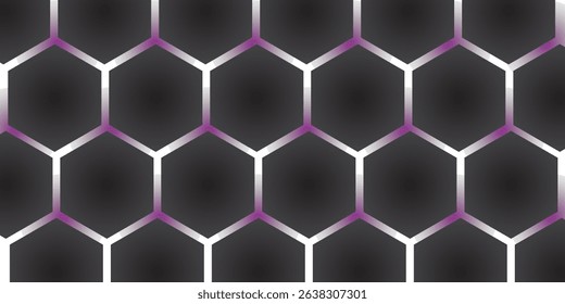 Dark hexagon abstract technology background with blue and pink colored bright flashes under hexagon. Hexagonal gaming vector abstract tech background.