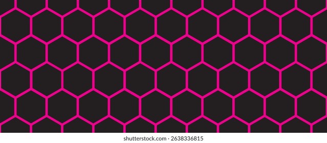 Dark hexagon abstract technology background pink colored bright flashes under hexagon. Hexagonal gaming vector tech illustration black abstract background.