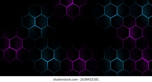 Dark hexagon abstract technology background with blue and pink colored bright flashes under hexagon.