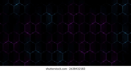 Dark hexagon abstract technology background with blue and pink colored bright flashes under hexagon.