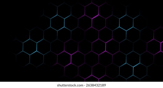 Dark hexagon abstract technology background with blue and pink colored bright flashes under hexagon. Hexagonal gaming vector abstract tech background.