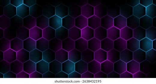 Dark hexagon abstract technology background with blue and pink colored bright flashes under hexagon. Hexagonal gaming vector abstract tech background.