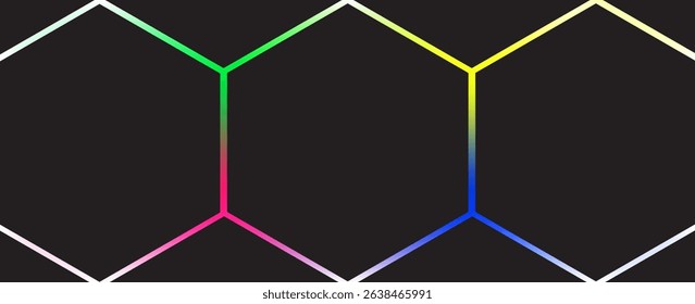 Dark hexagon abstract technology background with blue and green colored bright flashes under hexagon. Hexagonal gaming vector tech illustration black abstract background.