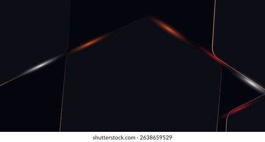 Dark hexagon abstract technology background with orange and white colored bright flashes under hexagon. Hexagonal gaming vector abstract tech futuristic wide banner.