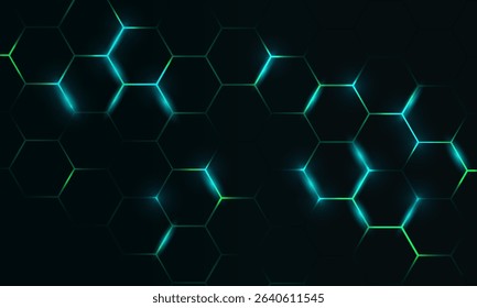 Dark hexagon abstract technology background with blue and green colored bright flashes under hexagon. Hexagonal gaming vector tech illustration black abstract background.