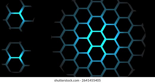 Dark hexagon abstract technology background with blue and green colored bright flashes under hexagon. Hexagonal gaming vector tech illustration black abstract background. modern