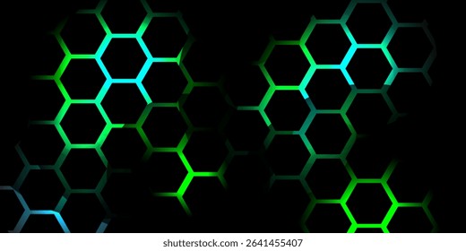Dark hexagon abstract technology background with blue and green colored bright flashes under hexagon. Hexagonal gaming vector tech illustration black abstract background. eps10