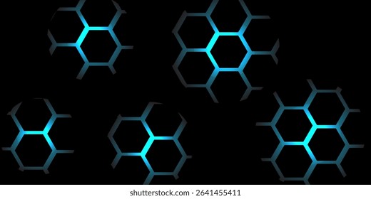 Dark hexagon abstract technology background with blue and green colored bright flashes under hexagon. Hexagonal gaming vector tech illustration black abstract background. modern