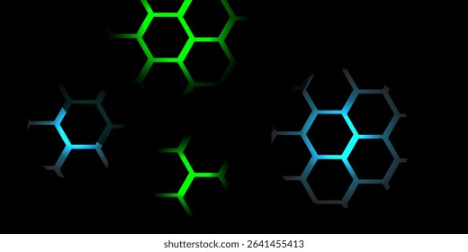 Dark hexagon abstract technology background with blue and green colored bright flashes under hexagon. Hexagonal gaming vector tech illustration black abstract background. eps10