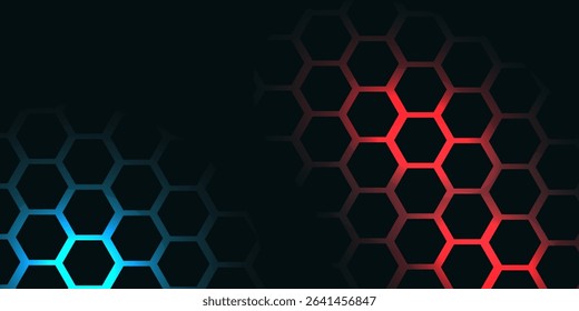 Dark hexagon abstract technology background with blue and green colored bright flashes under hexagon. Hexagonal gaming vector tech illustration black abstract background.
