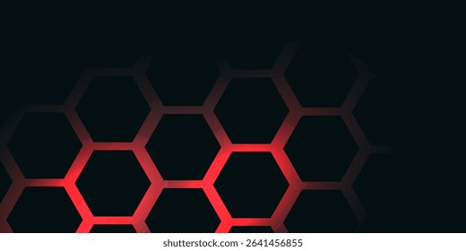 Dark hexagon abstract technology background with blue and green colored bright flashes under hexagon. Hexagonal gaming vector tech illustration black abstract background.
